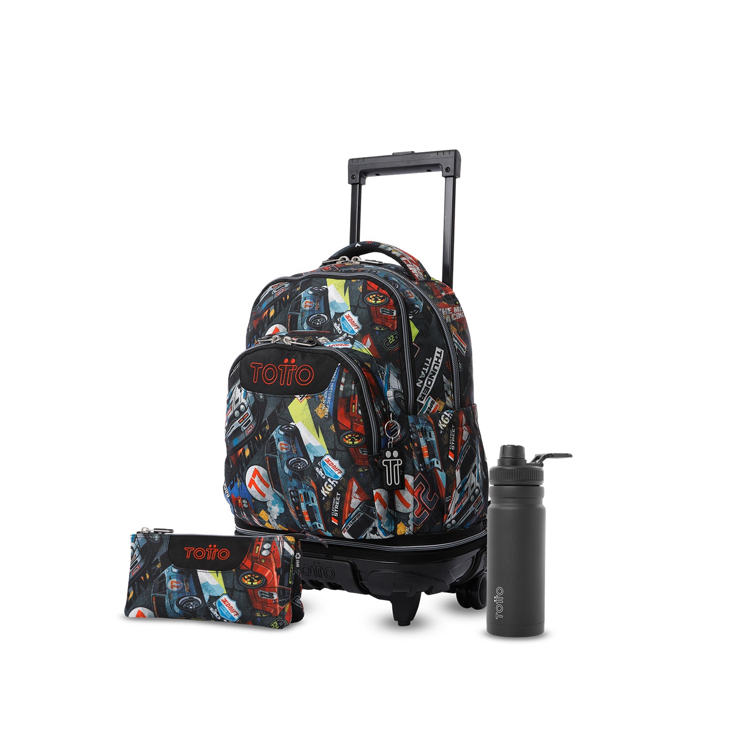 Pack escolar Niño - Mochila con ruedas desmontable + Estuche 3 compartimentos + Botella de 550ml
