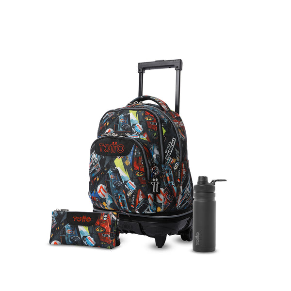 Pack escolar Niño - Mochila con ruedas desmontable + Estuche 3 compartimentos + Botella de 550ml