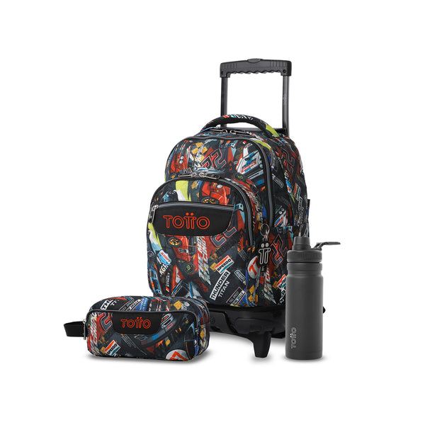 Pack escolar Niño - Mochila con ruedas (Renglones) + Estuche 3 compartimentos (Agapec) + Botella de 550ml