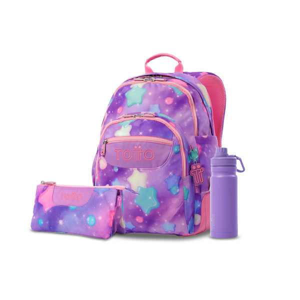 Pack escolar Niña - Mochila + Estuche 3 compartimentos + Botella de 550ml