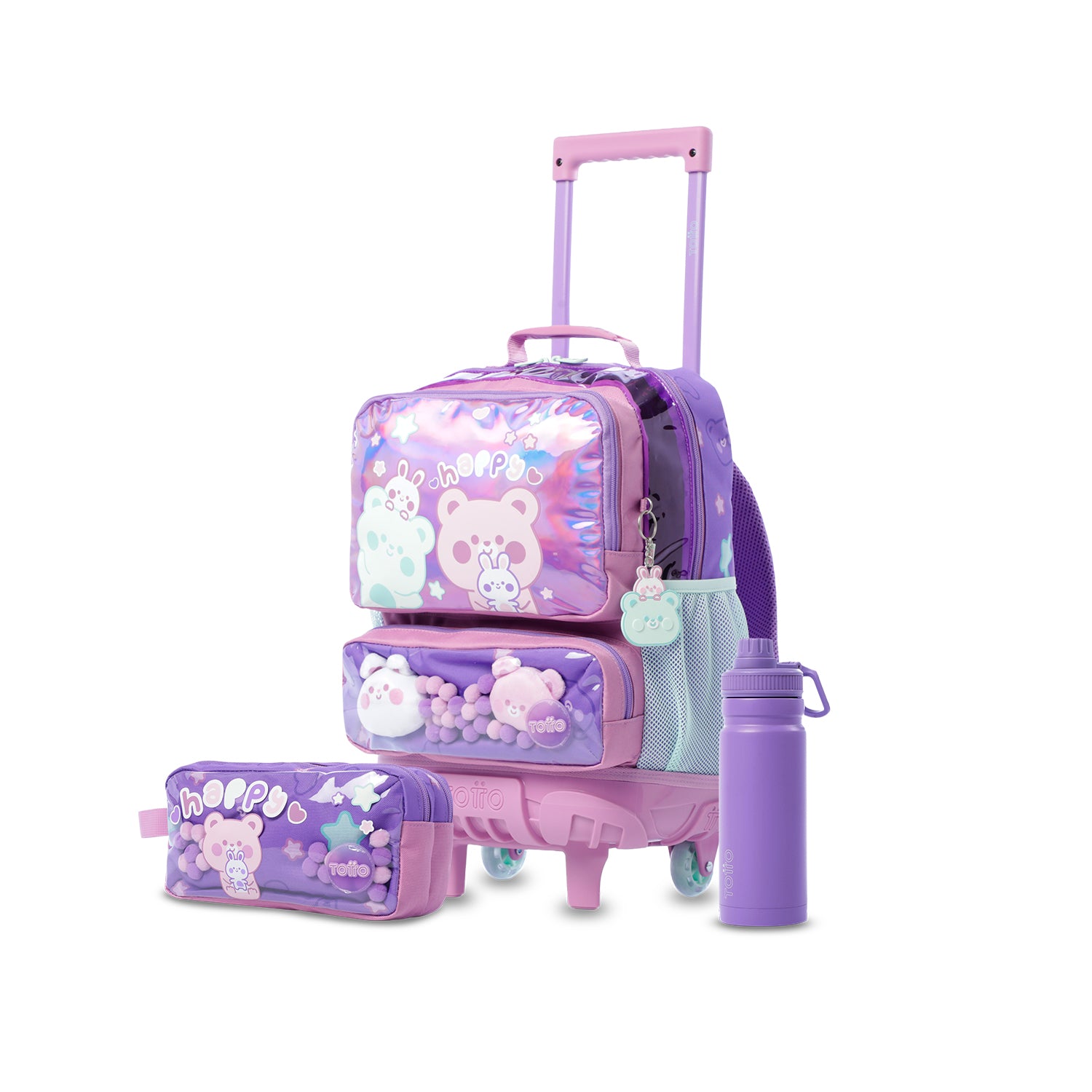 Pack escolar Niña Friends Party - Mochila con ruedas + Estuche + Botella de 550ml