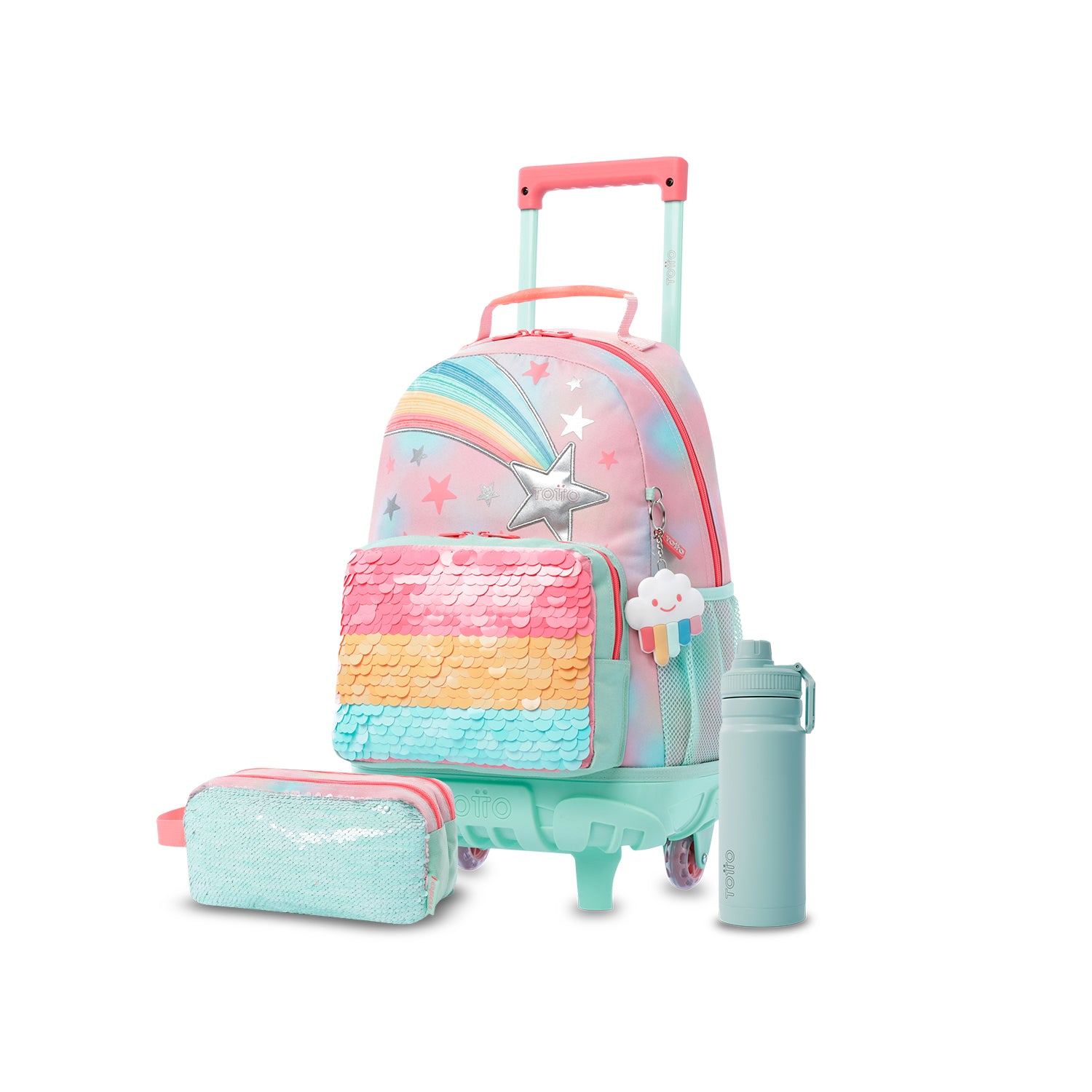 Pack escolar Niña Rainbow Star - Mochila con ruedas + Estuche + Botella de 550ml