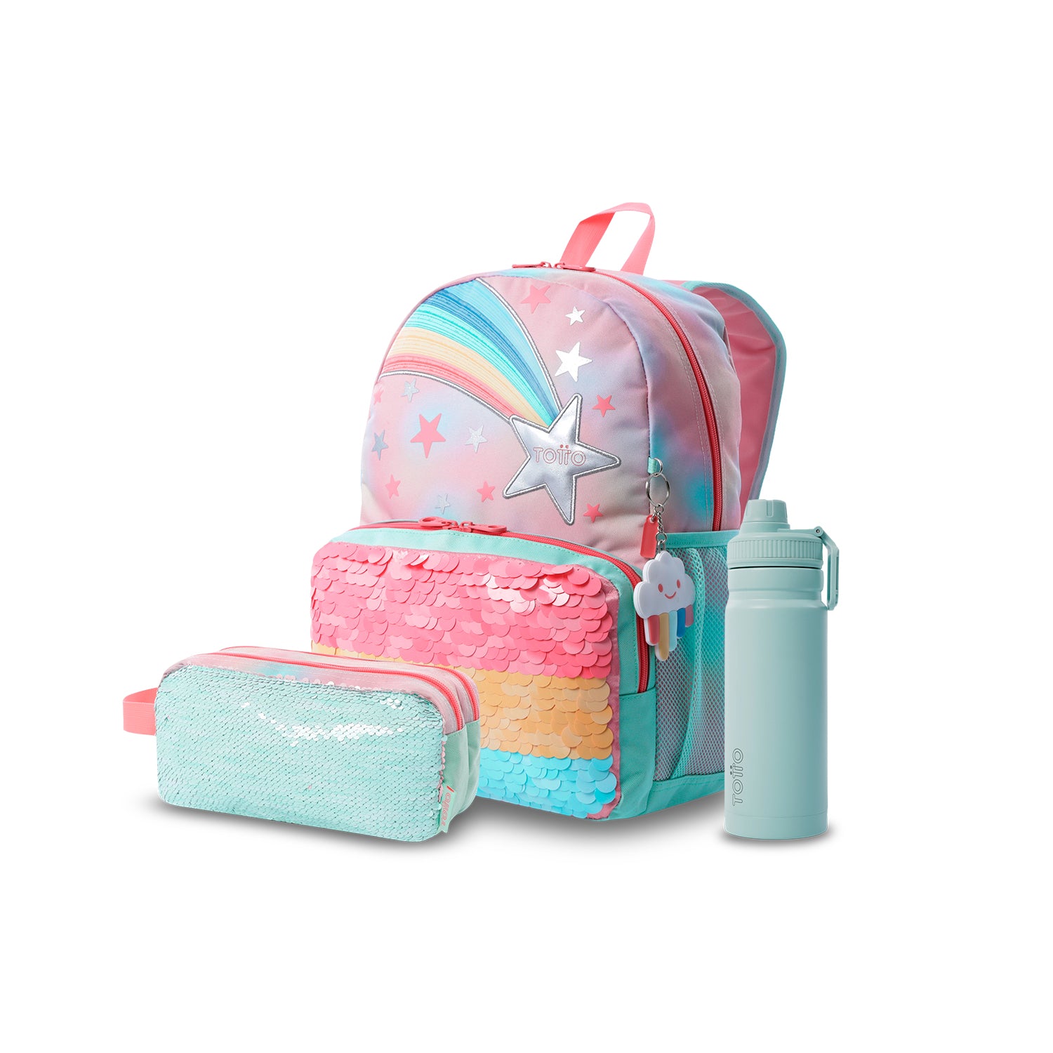 Pack escolar Niña Rainbow Star - Mochila + Estuche + Botella de 550ml